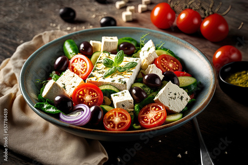 Greek salad with tomato, cucumber, white cheese, and olives in a bowl. Generative AI