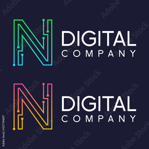Letter N logo design template,Technology abstract dot connection cross vector logo icon circle logotype