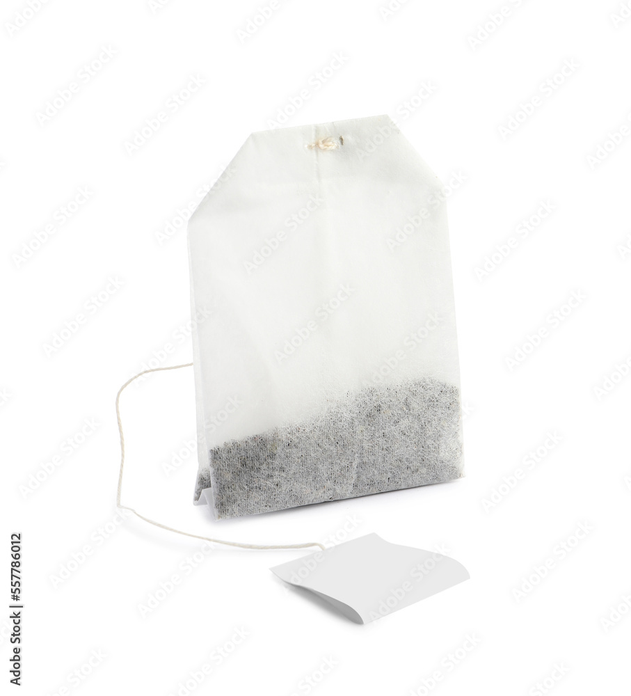 New tea bag with tab isolated on white - obrazy, fototapety, plakaty 