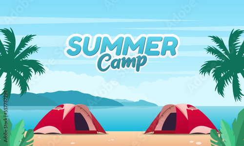 Summer camp background, with two tents on the beach vector illustration. Camping background