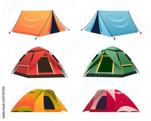 Collection of camping tent vector illustration isolated on white background.