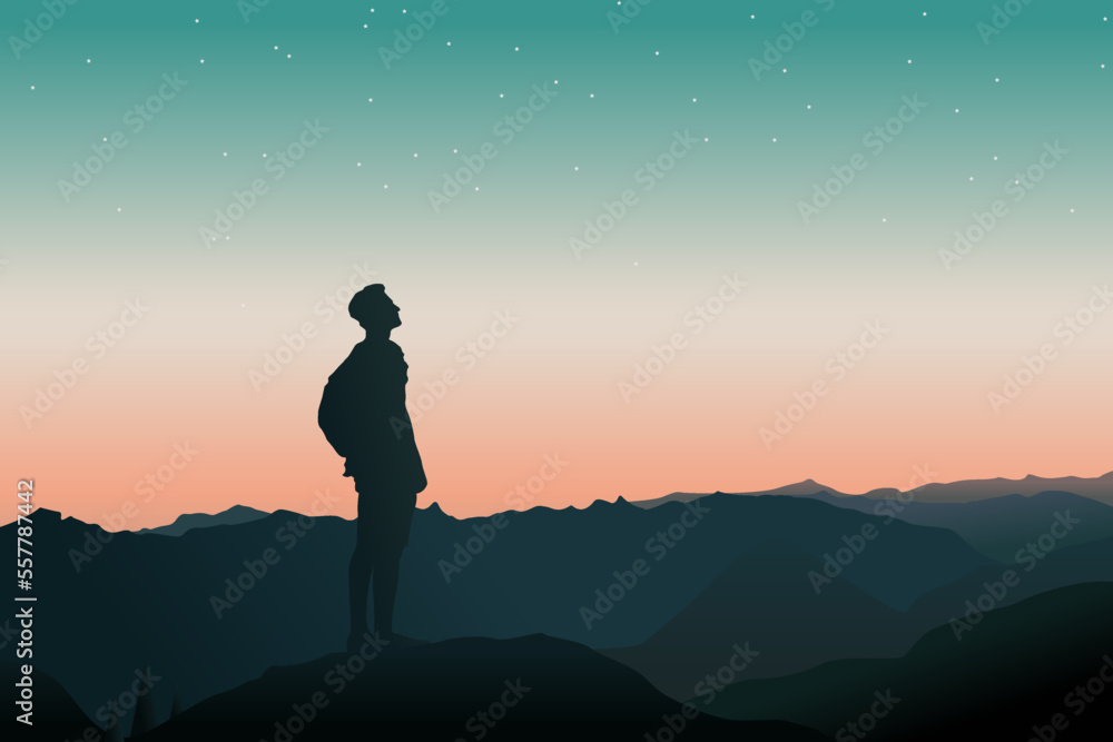mountain climber silhouette looking at the beautiful mountain scenery. landscape illustration mountain climber silhouette looking at the beautiful mountain scenery. landscape illustration