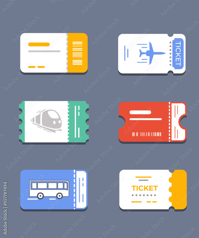 Vector ticket icon design. Simple and clean icon set. Airplane, train, bus, concert minimalistic style.