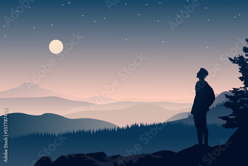 mountain climber silhouette looking at the beautiful mountain sunset scenery. mountain landscape illustration