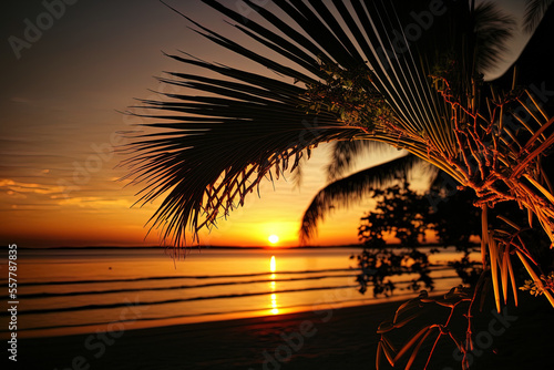 An image of a narrow palm tree in close up taken at Gili Air Lombok, Indonesia, at sunset. Generative AI