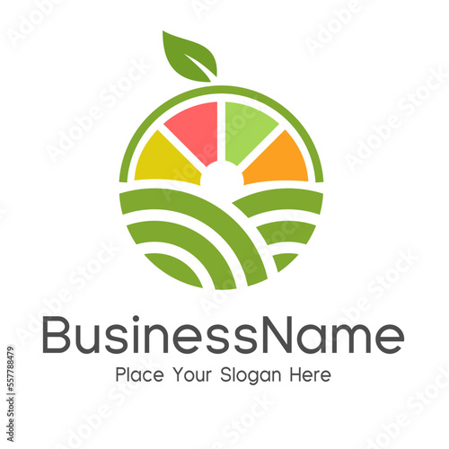 Organic Farm Health Food creative symbol layout. Nutrition and Diet logo design idea. Fruit and vegetable vector sign concept. Abstract shape with human spoon and fork figure in negative space