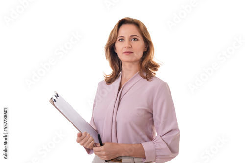 portrait of caucasian pretty woman holding blueprints isolated white background