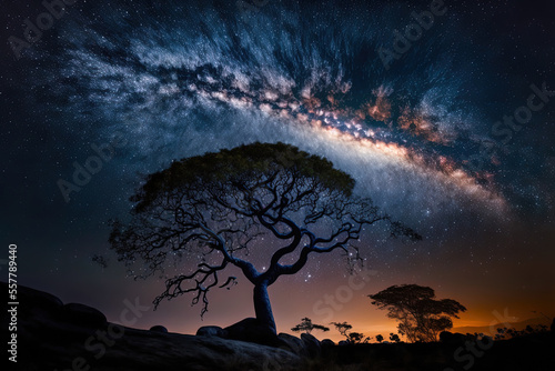 A tree's silhouette and the Milky Way in Phu Hin Rong kla National Park Thailand's Phitsanulok long exposure image with grain. Generative AI