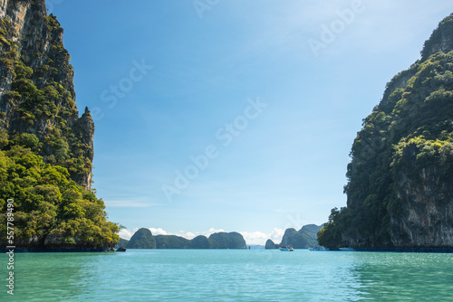 Beautiful tropical landscape in the Pang Nga bay, Thailand. Travel tropical island holiday concept. Summer vacation in Southeast Asia.