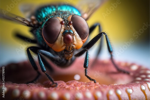 an ugly giant fly standed over a donut, in a macro perspective, with interesting colors on the body