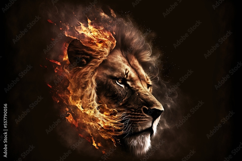 Portrait depicting the Lion King on fire on a black background. digital art. AI - obrazy, fototapety, plakaty 