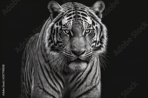 Front view of a tiger on a black background. Black and white portrait. digital art. AI