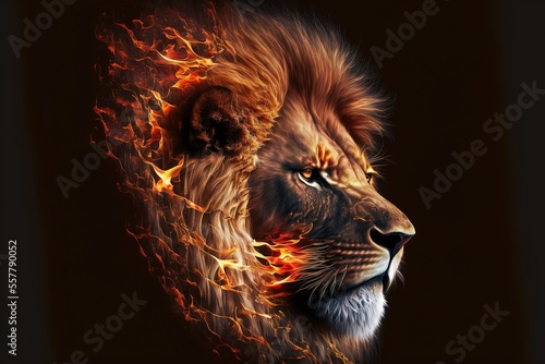 Portrait depicting the Lion King on fire on a black background. digital art. AI