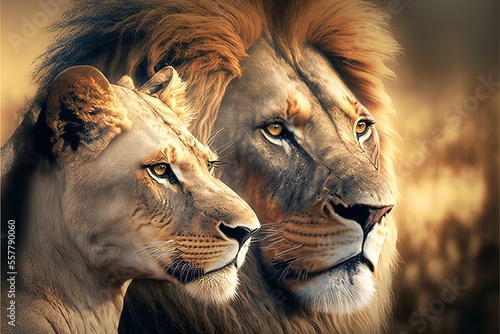 Majestic pair of African lions. AI