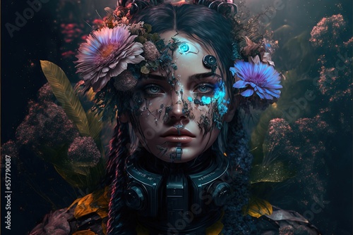 Portrait of a girl with flowers on her face from sci-fi cyberpunk. AI