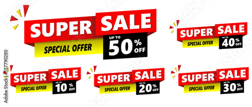 Special offer banner set, hot sale, big sale, super sale, sale banner vector. red, black and yellow vector banner template. 50%, 10%, 20%, 30%, 40%. photo
