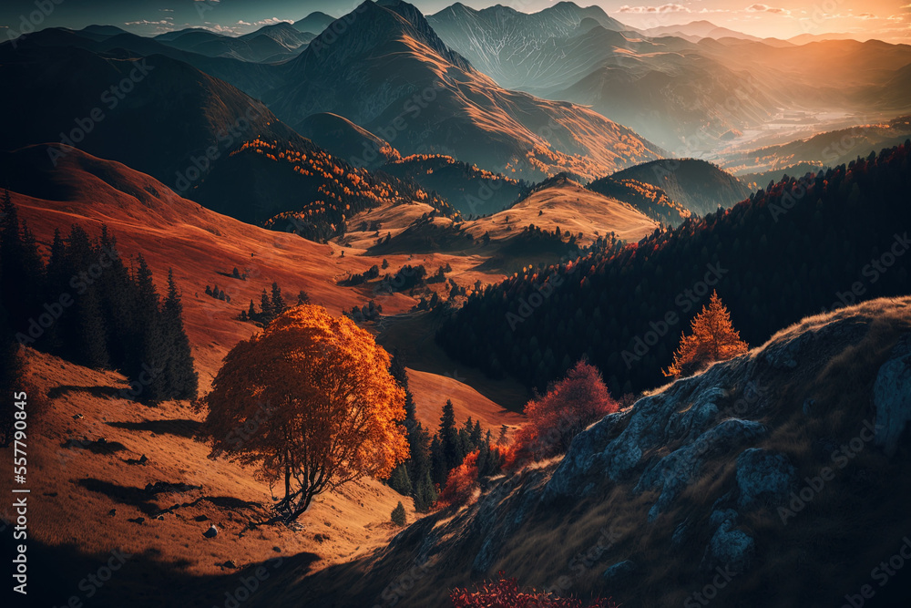 At sundown, a stunning natural scene in the fall. dawn scene of a barren hillside with brown vegetation. Generative AI