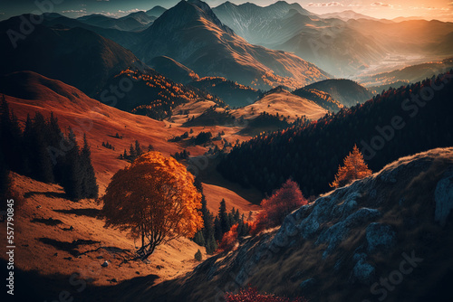At sundown, a stunning natural scene in the fall. dawn scene of a barren hillside with brown vegetation. Generative AI