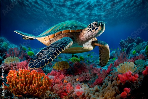 Sea turtle swimming over coral reefs. Animals under the sea background.