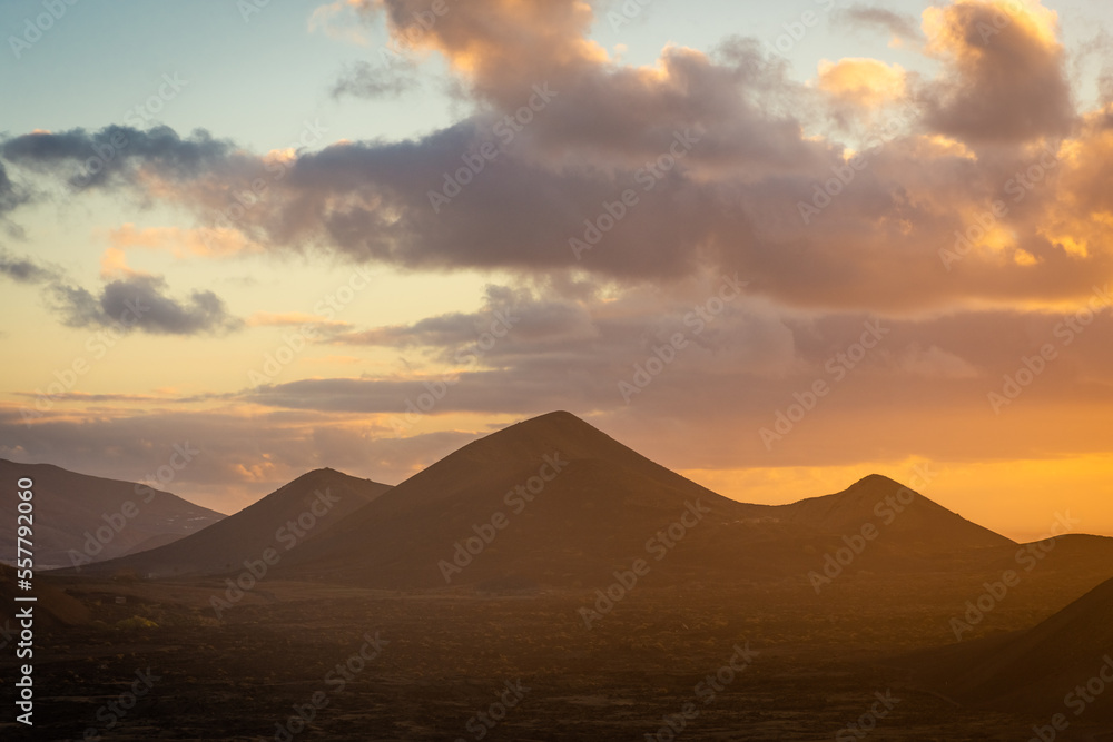 Beautiful silhouette of Lanzarote volcanos at sunset, Canary Islands, Spain Beautiful silhouette of Lanzarote volcanos at sunset, Canary Islands, Spain