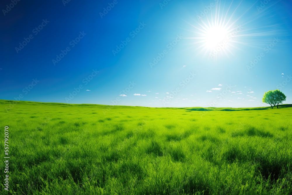 Background of summer scenery with a green grass field, blue sky, and brilliant sun. Generative AI
