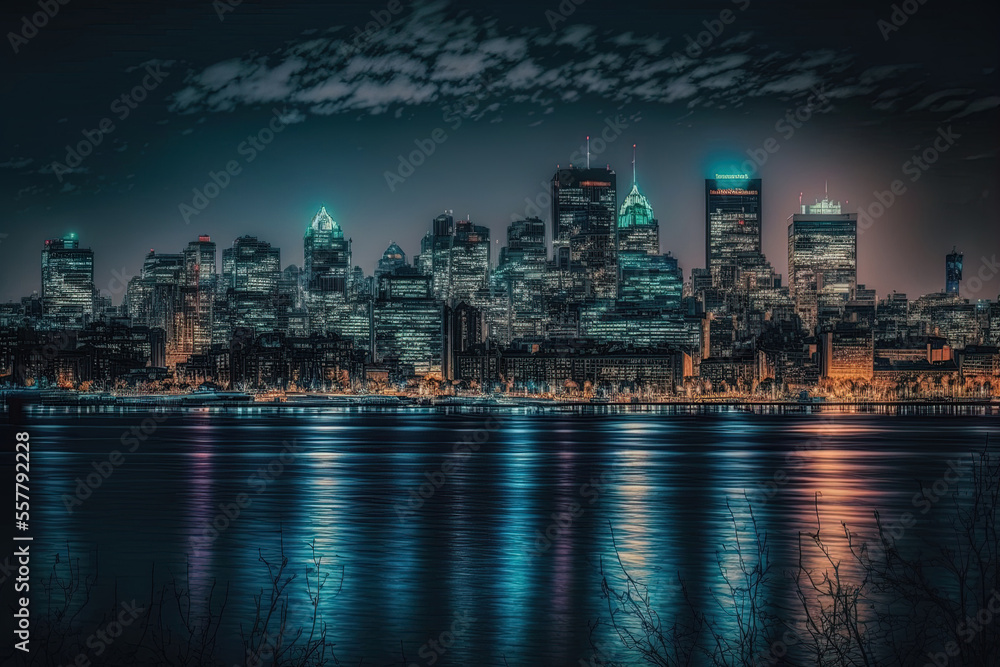 Montreal at night above the river. Generative AI
