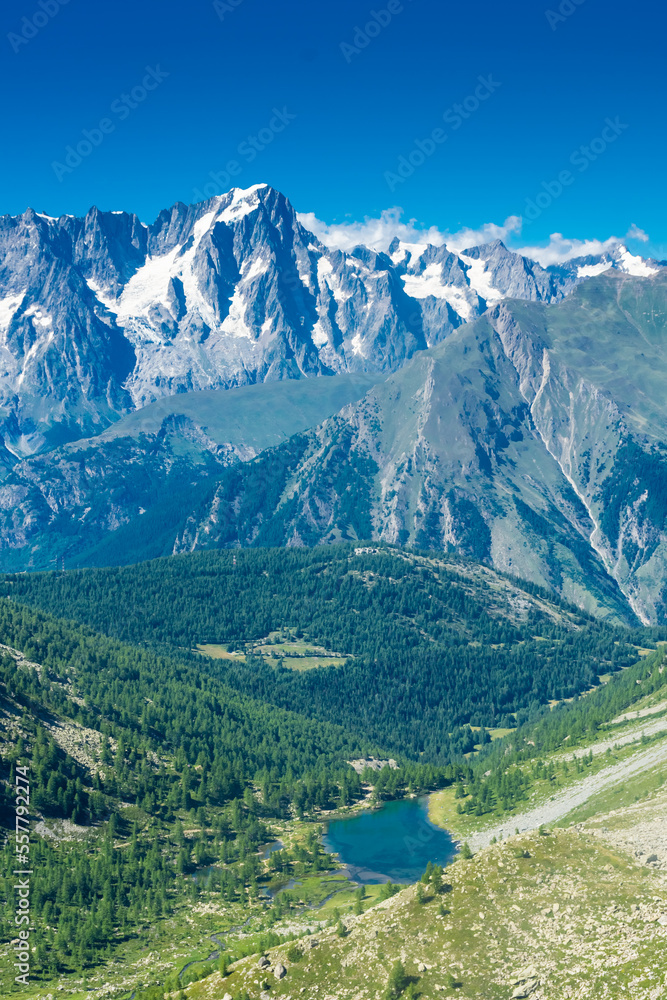 Beautiful valley of the Arpy Lake in front of the Mont Blanc,  Italy