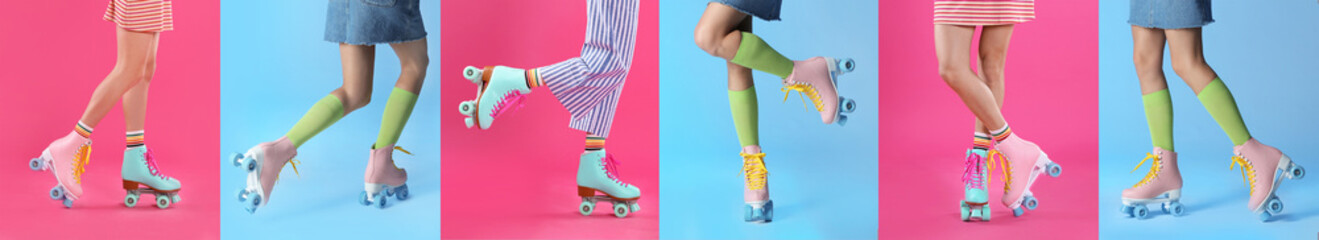Photos of women with retro roller skates on different color backgrounds, closeup. Collage banner design