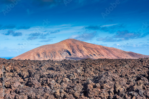 Lava path for Caldera Blanca Volcano in Lanzarote  Canary Islands   Spain