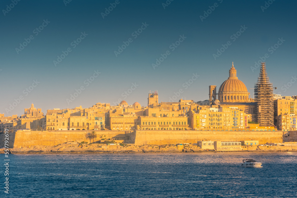Skyline of Valletta at sunset, view from Sliema,  Malta