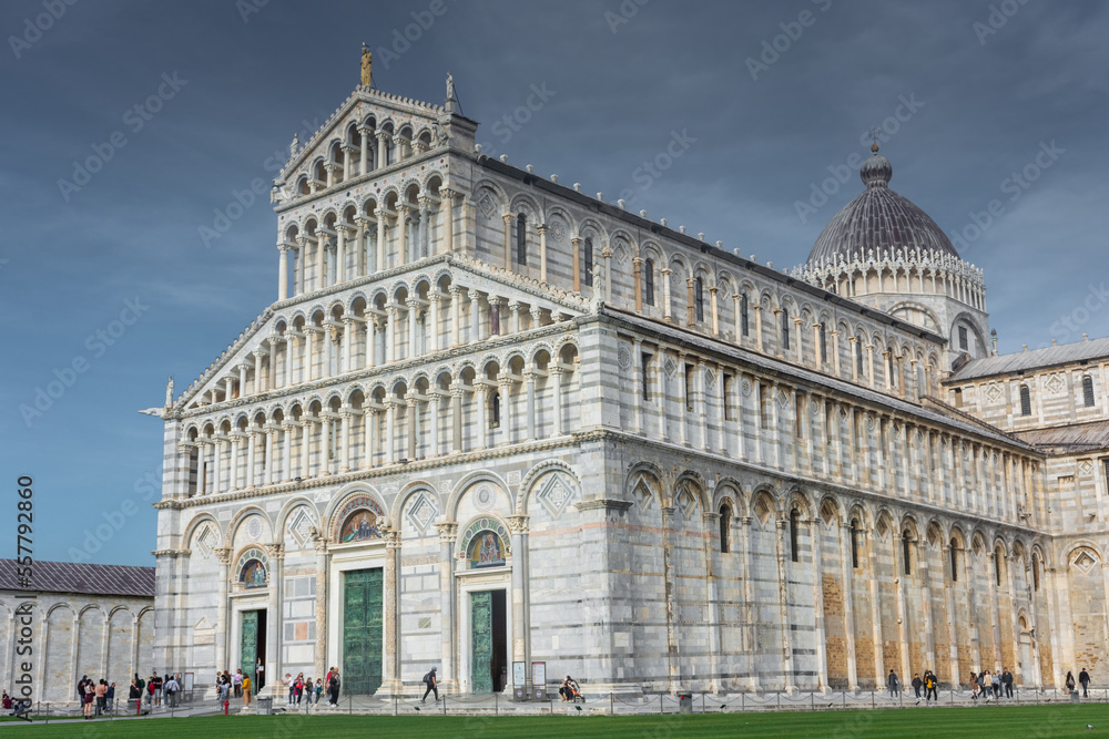 Pisa, Italy,  14 April 2022: View of the Cathedral and the leaning tower