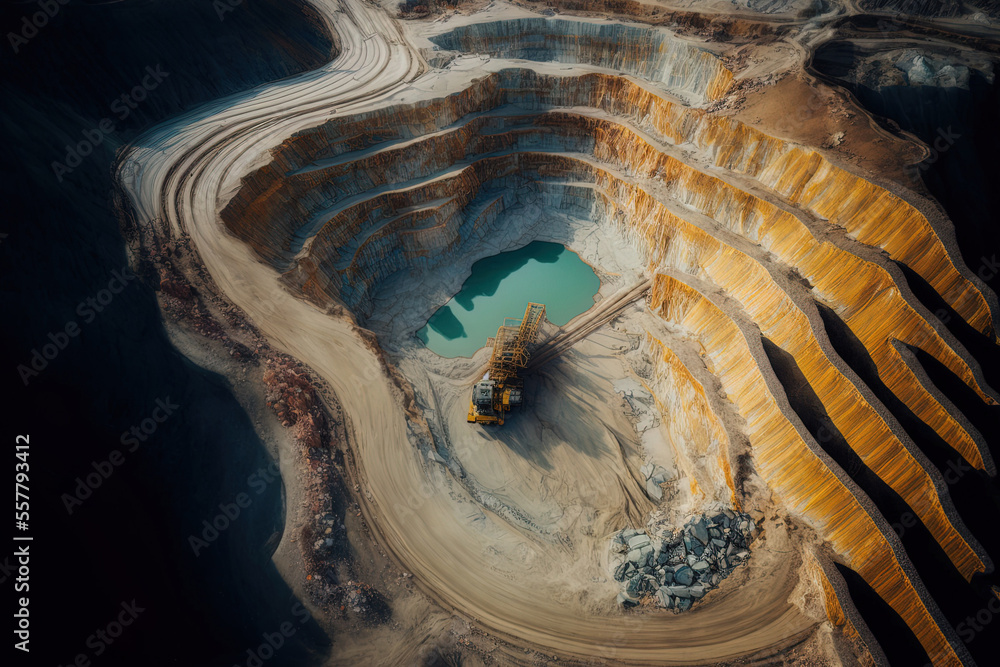 mining at a height. industrial terraces on a mineral mine with an open pit. opencast mining as seen from above. Exploration of a dolomite mine. extractive sector. massive excavator equipment