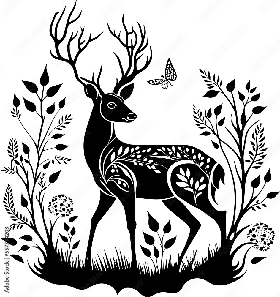 Deer illustration black and white. Great for engraving purposes. Black