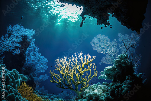 Reef with algae in the backdrop of a blue underwater environment. Generative AI © 2rogan