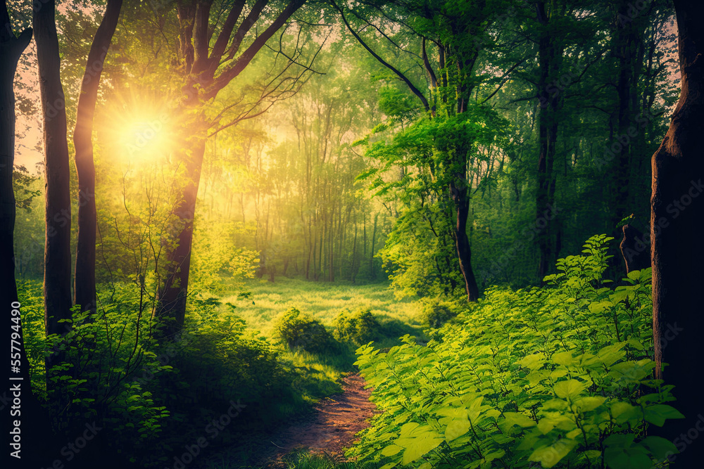 Naklejka premium Sunrise over a green woodland backdrop. ecological natural idea, freedom, and gorgeous greenery. Generative AI