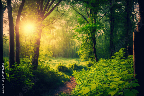 Sunrise over a green woodland backdrop. ecological natural idea  freedom  and gorgeous greenery. Generative AI