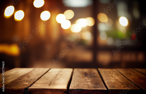 Rustic empty wooden table and blurred bar lights background for product and merchandise display. Generative Ai image illustration.  © Fox Bread
