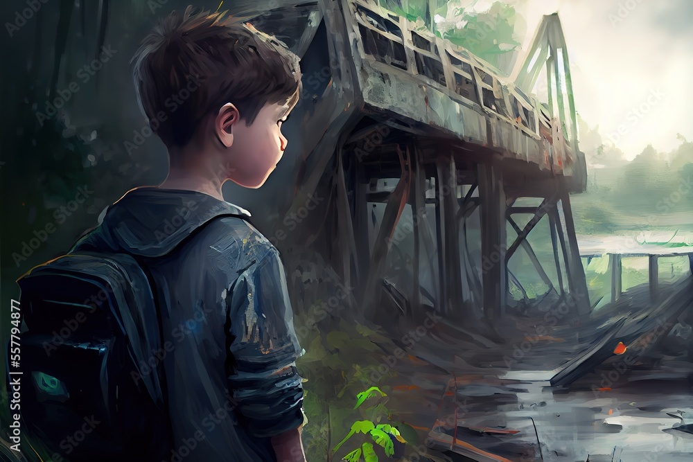 The boy looks at the big old bridge