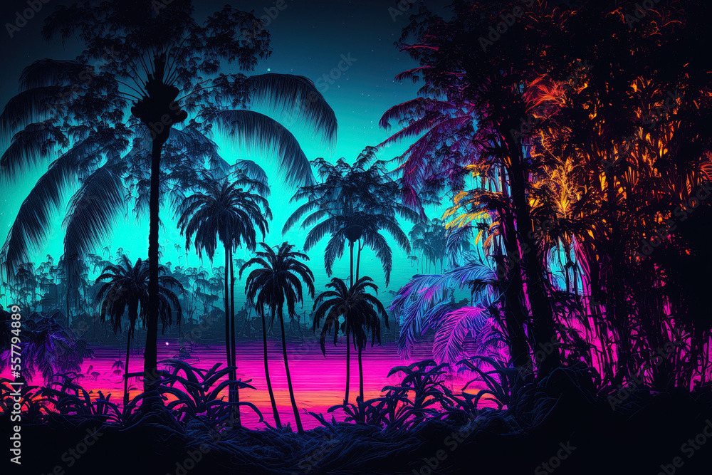 Fantasy neon forest jungle at dusk mysterious surreal woodland lovely neon landscape. Generative AI