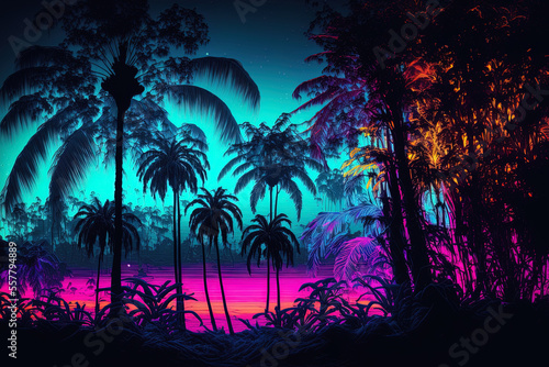 Fantasy neon forest jungle at dusk mysterious surreal woodland lovely neon landscape. Generative AI