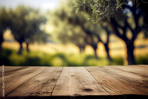 Fotografiet Wooden table and olive trees for product and merchandise display created with ge
