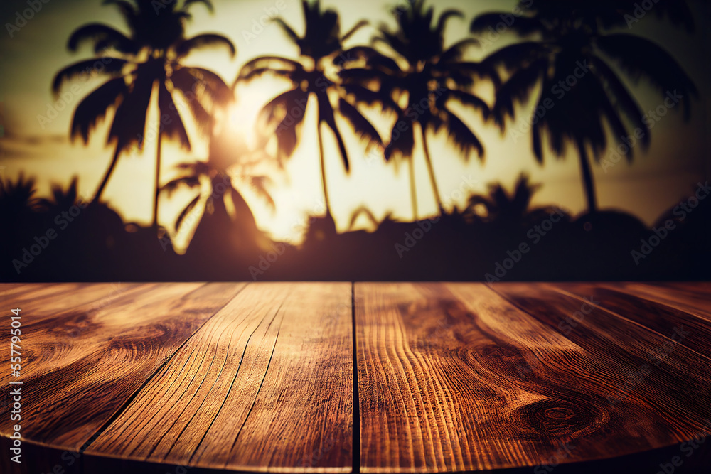 Rustic empty wooden table and blured palms and sunset for product and merchandise display. Generative Ai image illustration. Rustic empty wooden table and blured palms and sunset for product and merchandise display. Generative Ai image illustration.