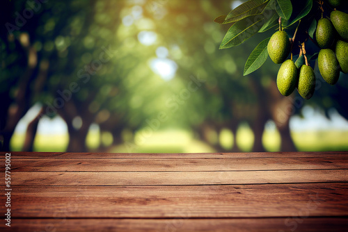Rustic empty wooden table and avocado trees and fruit for product and merchandise display. Generative Ai image illustration.  © Fox