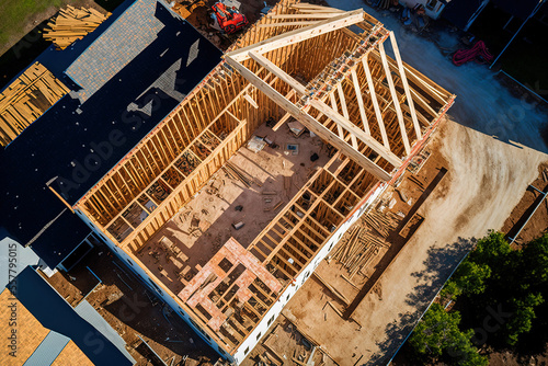 An aerial top view of a wooden roof beam home being built. Generative AI photo