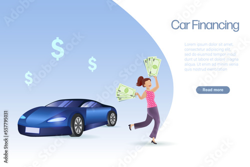 Car financing, auto leasing and refinance concept. Happy woman holding money from car leasing. Vector illustration.