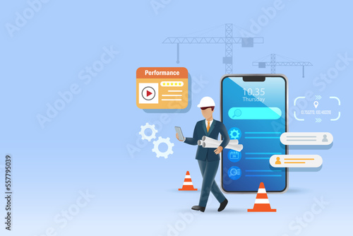 Engineer man holing blueprints checking quality control at constuction site on smartphone. Smart network connecting system and industrial innovation technology.