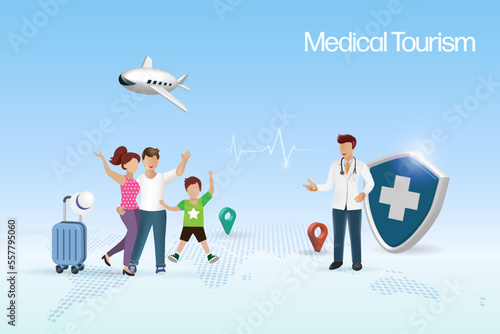Medical tourism concept, Doctor with medical insurance protection shield, welcoming tourist passenger family flying for treatment service.