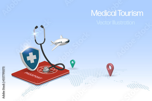 Medical tourism concept. Stethoscope on passport with medical insurance shield and airplane, symbol of tourist passenger flying for medical treatment service.