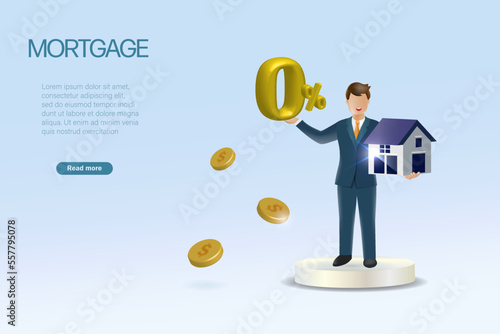 Home loan, mortgage loans, real estate, property approval and refinance concept. Agency man holding house with 0% interest rate for financial promotion campaign.