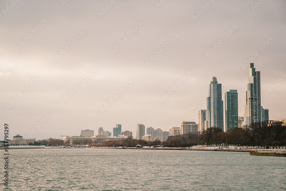 View of Chicago from the water during sunrise.